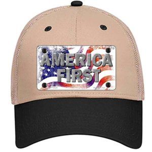America First Metal on Trucker Mesh Snapback Hat - Khaki